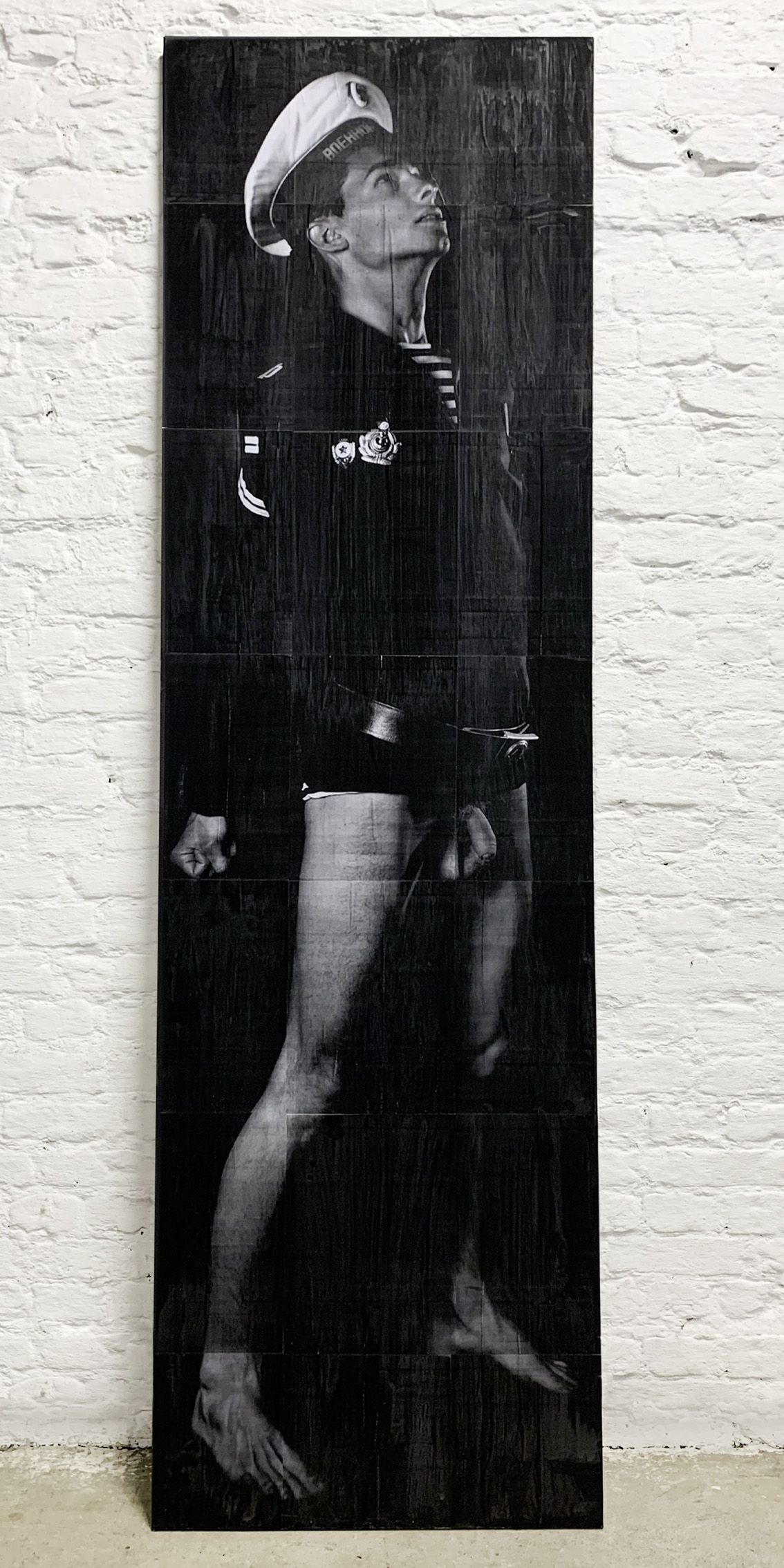 BULGARIAN NAVY SAILOR, laserprint, charcoal and varnish on plywood 175 x 50 cm