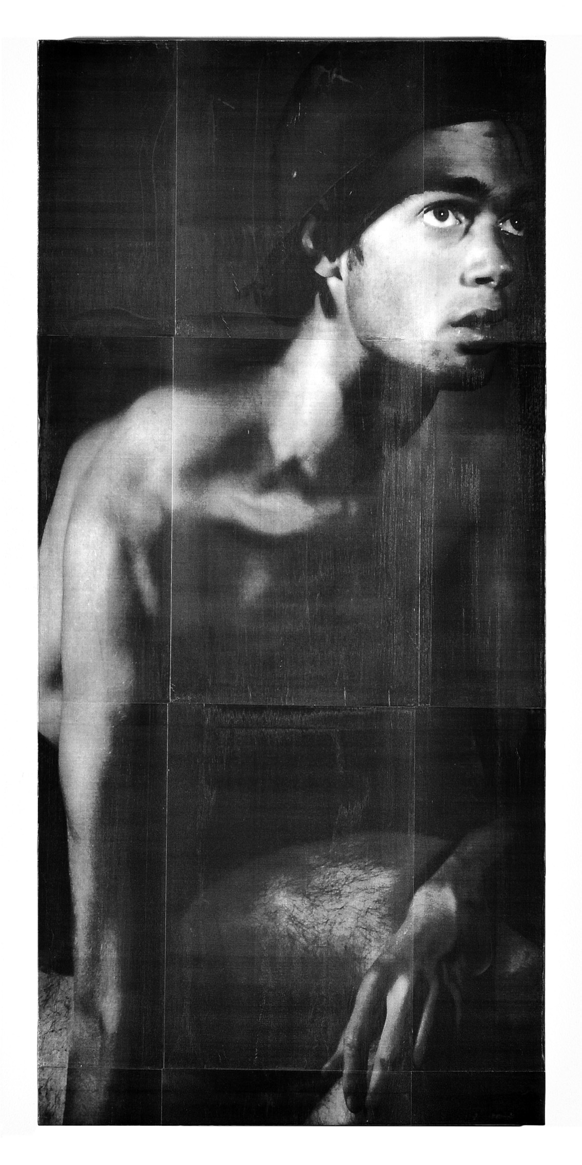 DRAG YOU DOWN WITH ME, laserprint, charcoal and varnish on art panel 80 x 40 cm