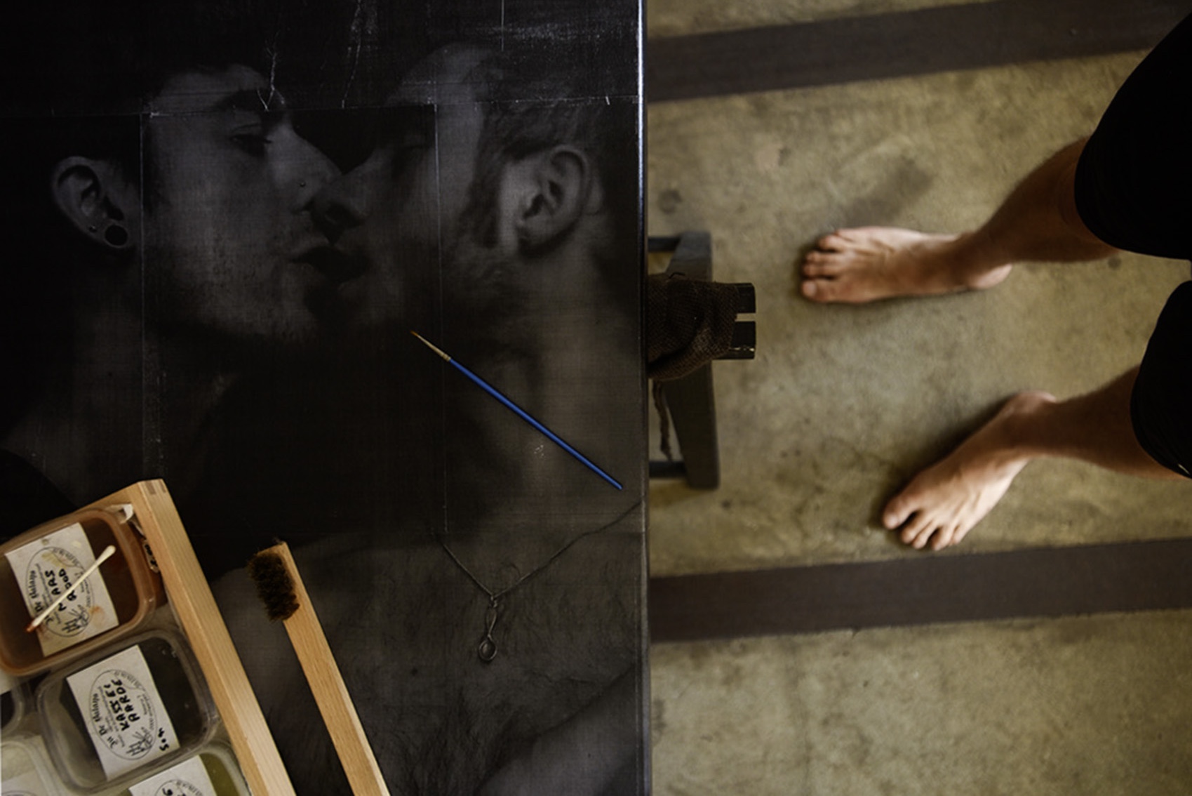 Hunting for memories, a reworked autoportrait with cedric from 2008, laserprint, pigment and varnish on art panel 175 x 50 cm