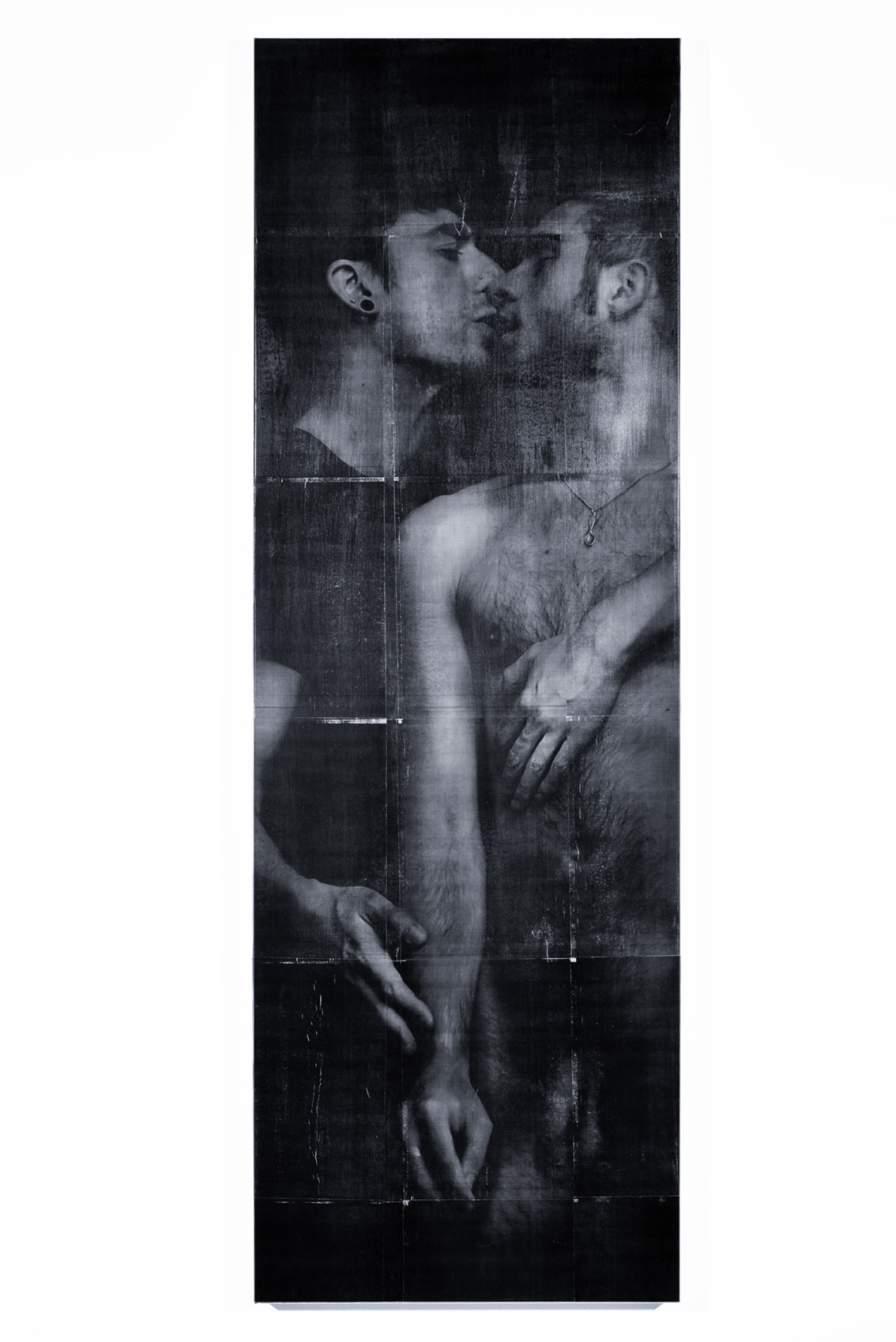 Hunting for memories, a reworked autoportrait with cedric from 2008, laserprint, pigment and varnish on art panel 175 x 50 cm